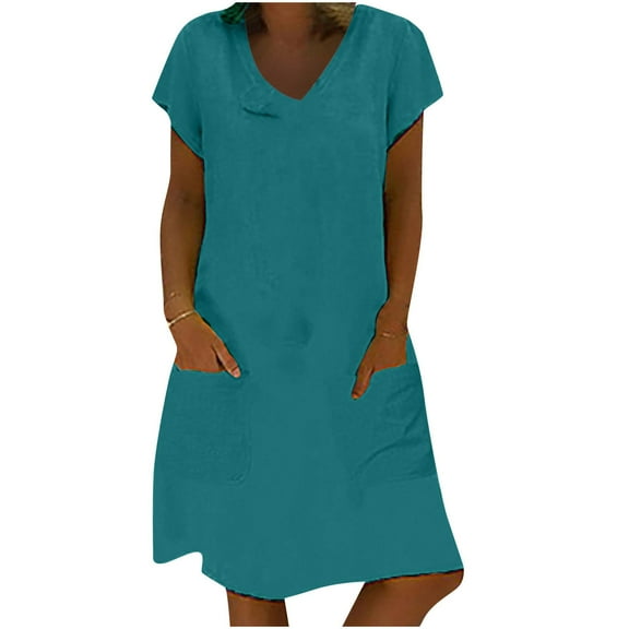JINMGG 2023 Summer Clearance Dresses under $10.00 Fashion Women Summer Casual Solid Dress V-Neck Short Sleeve Loose Dress