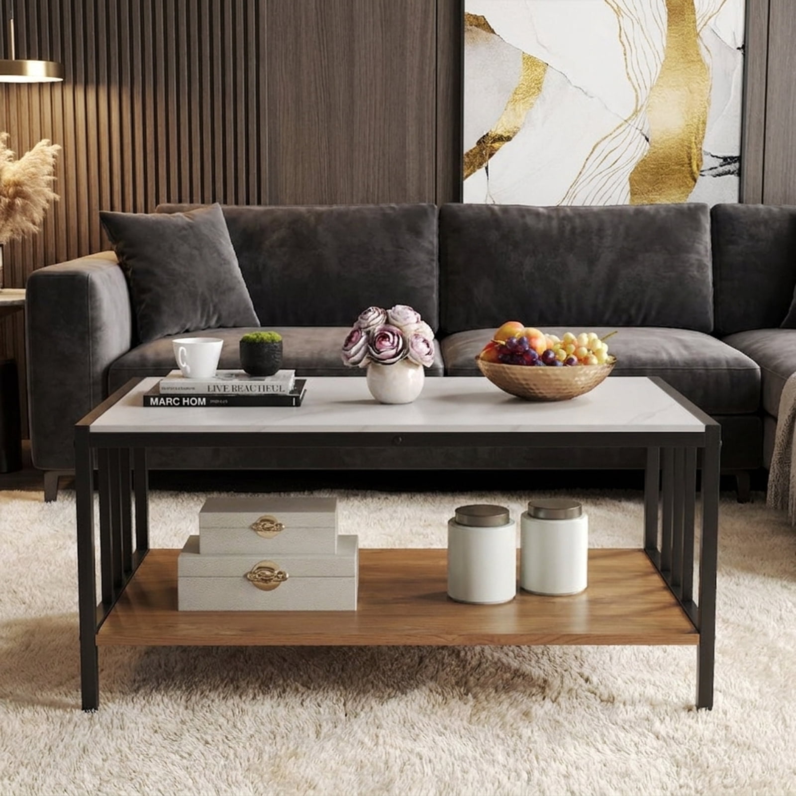 Furnibear 2 Tier Coffee Table with Sintered Stone Tabletop - White - Living Room Cocktail Center Table