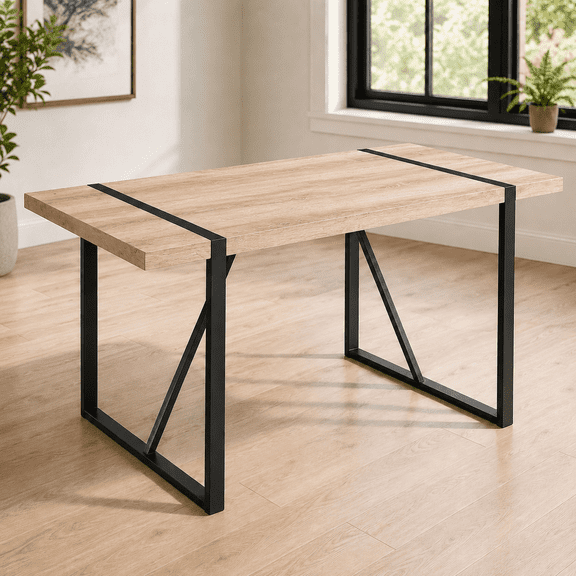 JUFU 55" Dining Table, Rectangular Wood-Look MDF Top, Black Metal Legs for Kitchen & Dining Room