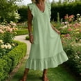 thumbnail image 5 of Bohemian Beach Linen Dress for Women Elegant Summer Boho Maxi Dresses Ruffle Vintage Sundress Holiday Flowy Loose Swing Long Dresses for Evening Night Out Green S, 5 of 6