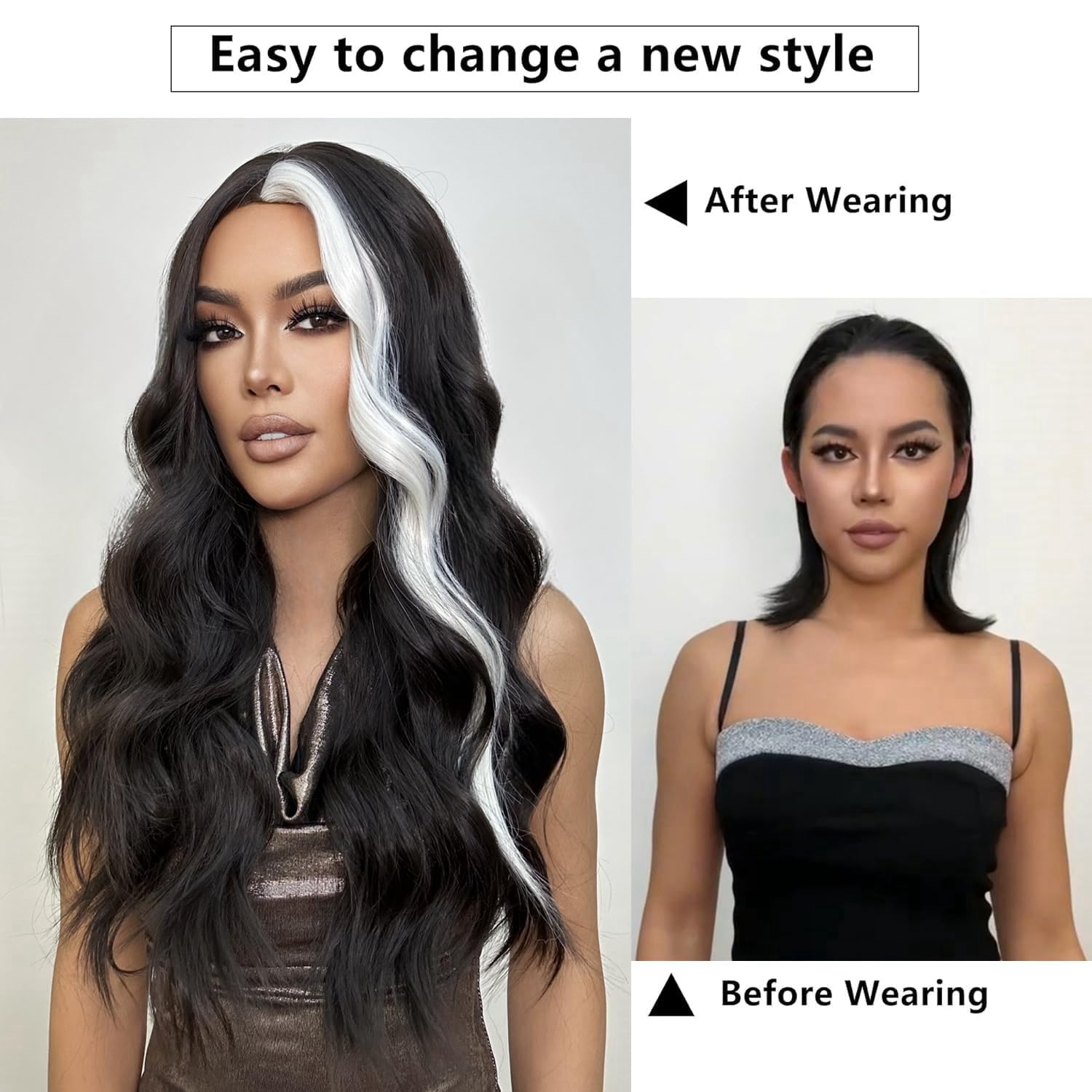 Long Wavy Black White Wigs for Women 26 Inch Middle Part Curly Wavy Wig Natural Looking Synthetic Heat Resistant Fiber Wig for Daily Party Use