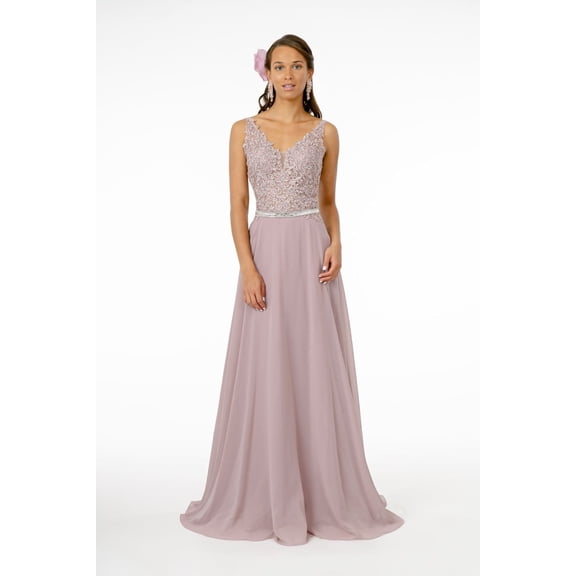 Women's Elizabeth K Long Illusion V Neck Dress Gl2653 Mauve Size XS