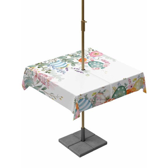 Outdoor Tablecloth with Umbrella Hole and Zipper, Easter Eggs Square Table Cloth 54x54 Inch Waterproof Tablecloth, Bunny Eucalyptus Leaves Spring Flower Plant Picnic Table Cover for Patio Camping