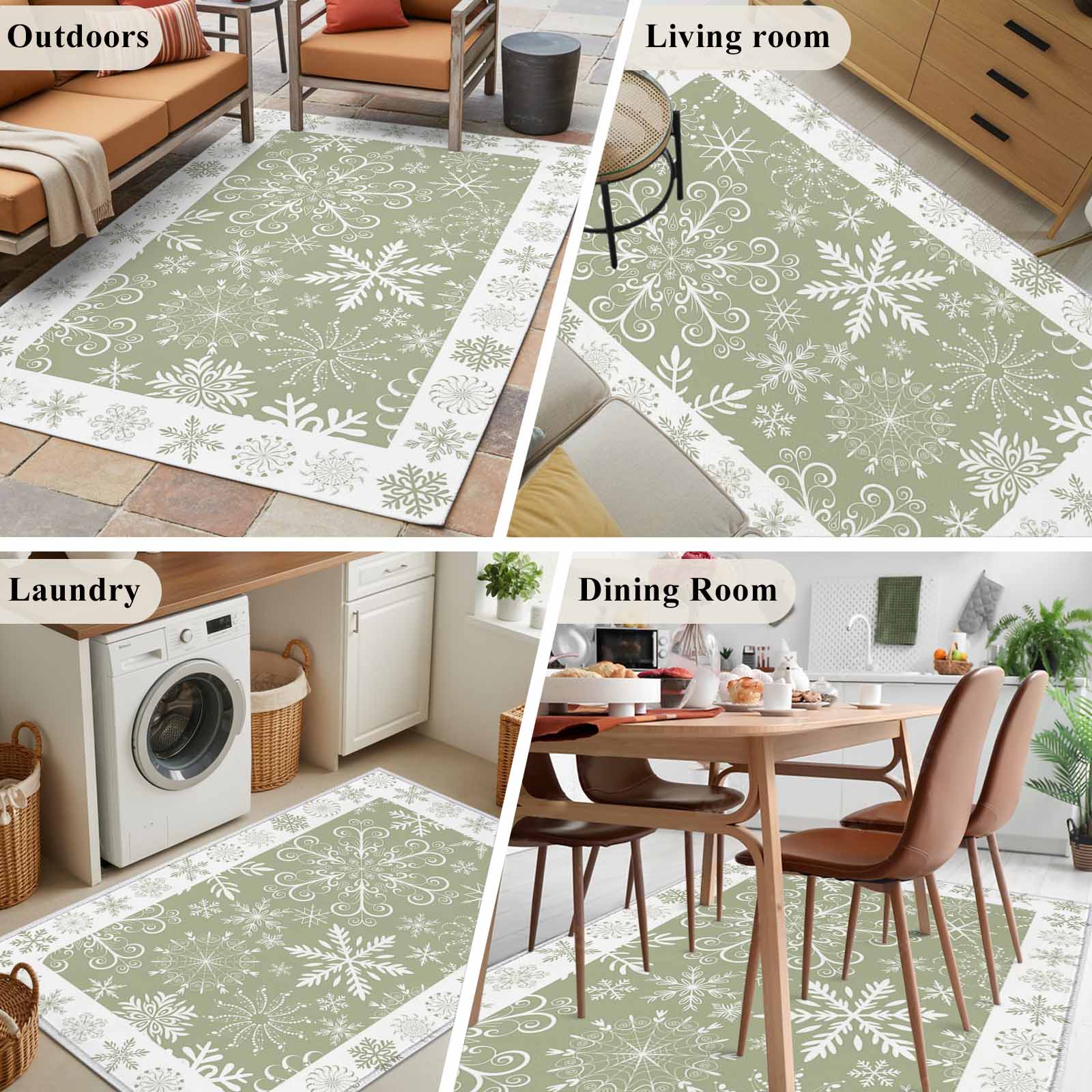 Christmas Snowflakes Area Rug 3x5 Washable Rug Non Slip Green Xmas Winter Vintage Large Area Rug Indoor Floor Carpet for Entryway Bedroom Kitchen Living Room Home Office Dining Room Nursery