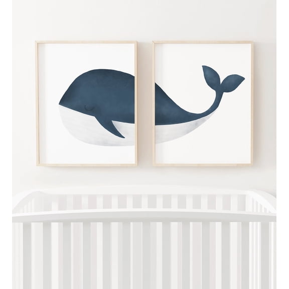 Whale Nursery Decor Whale Wall Art Beach Nursery Blue Whale Room Decor Set 2 Unframed Paper Print 8x12