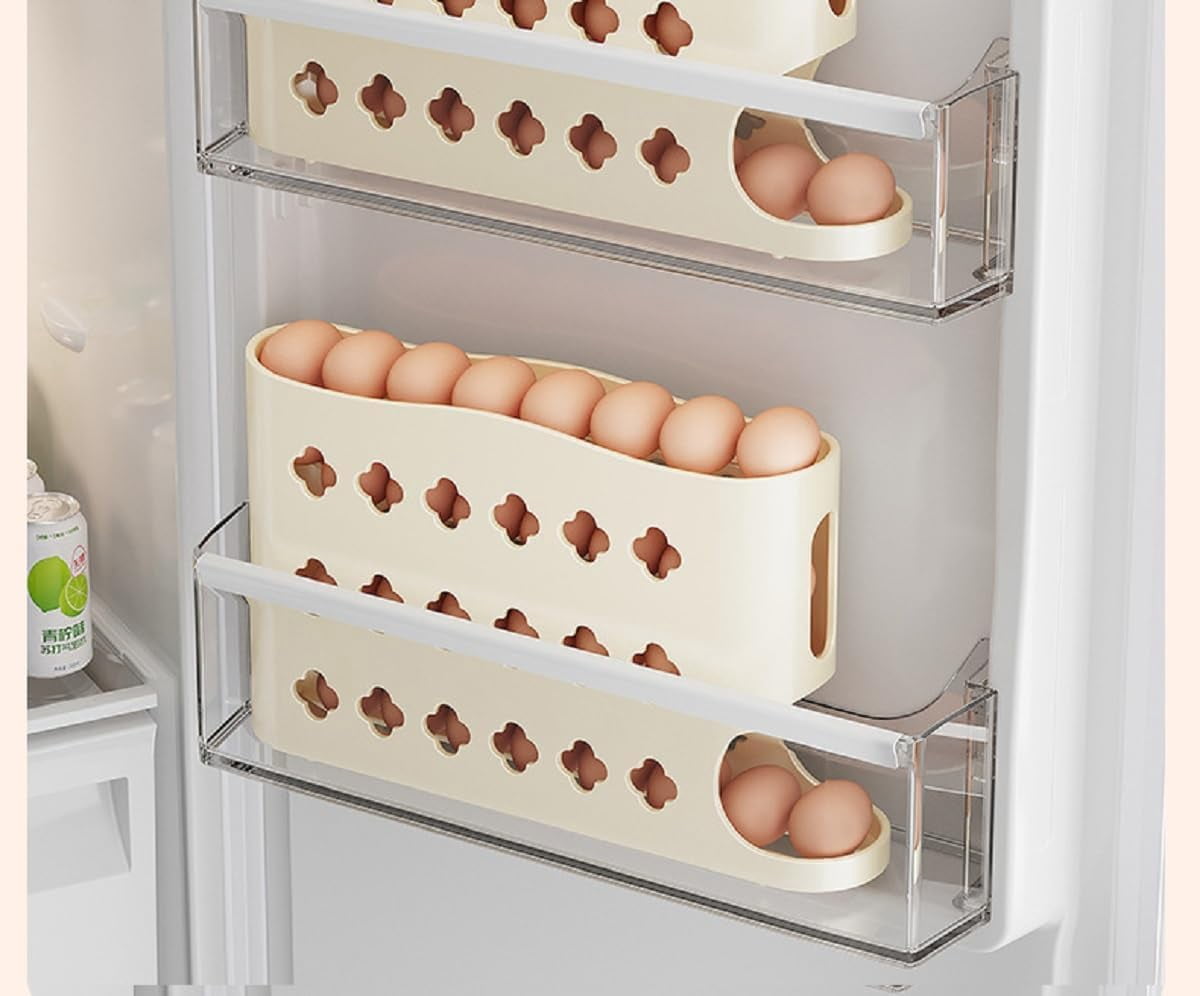Egg Holder for Fridge, Eggs Dispenser Auto Rolling for 30 Eggs, Space-Saving Egg Organizer Storage Container Tray for Countertop Refrigerator （Yellow, 2PC)