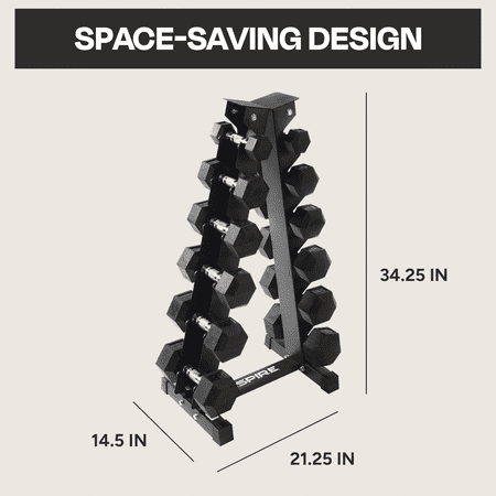 Inspire Fitness Heavy-Duty Workout Rubber Hex Dumbbell Weight Set with Rack, 210 lbs (5-30 lbs)