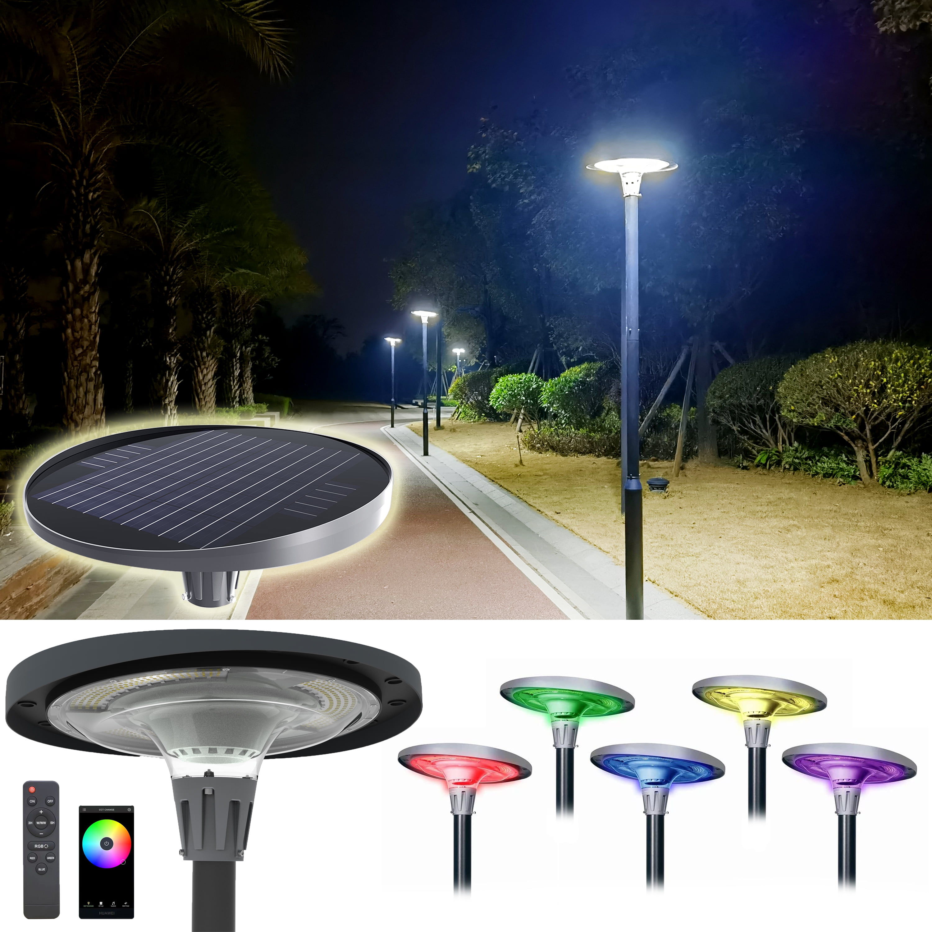 Solar Powered RGB LED UFO Round APP Control Post Light and Pole, 20W 