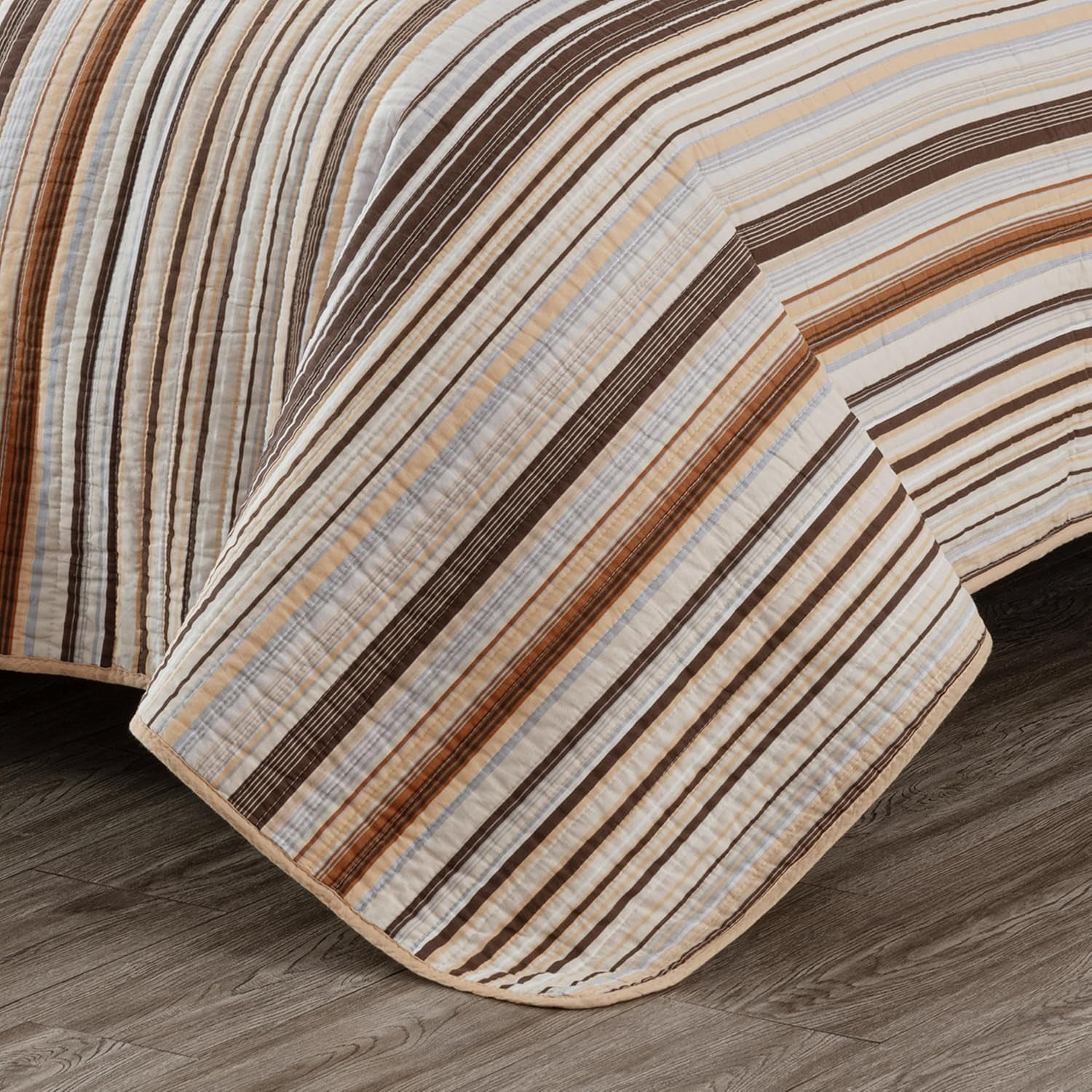 Chezmoi Collection Avery Striped Cotton Quilt Set Queen Size, 3-Piece Soft Pre-Washed 100% Cotton Quilt, Multi-Color Brown