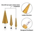 thumbnail image 4 of HSS Step Drill Bit Set - 3PCS 1/4" Hex Shank Titanium Coated High Speed Steel Hole Drill Cone Bits Stepped Up Unibit for Sheet Metal Hole Drilling Cutting Hole (1/8 Inch - 3/4 Inch), 4 of 7