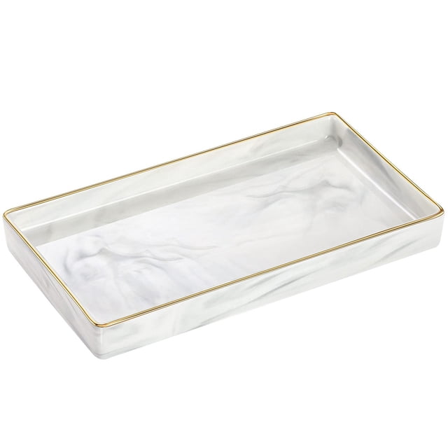 Luxspire Bandeja de tocador de baño Bandejas de baño de cerámica de mármol para mostrador Bandeja dorada y blanca para aparador Bandeja de mostrador de cocina Bandeja de perfume Plato de joyería Peque