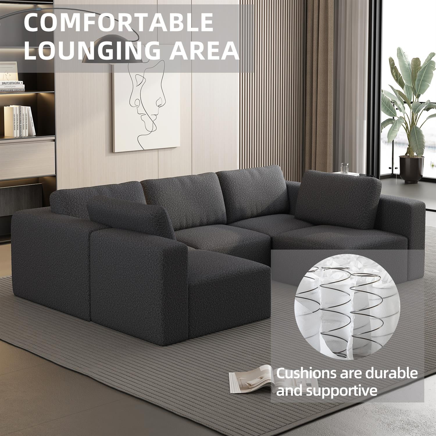 Demi Bonn 104" x 70" Modular Sectional Sofa Sleeper with Chaise & Ottoman, Convertible U-Shaped Couch Set for Relaxation & Guests, Gray