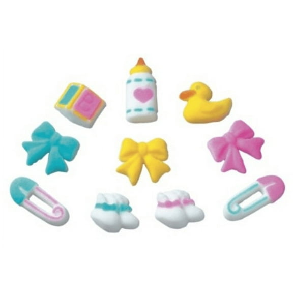 24pk Deluxe Baby Assortment Edible Sugar Decoration Toppers for Cakes Cupcakes Cake Pops w. Edible Sparkle Flakes & Decorating Stickers