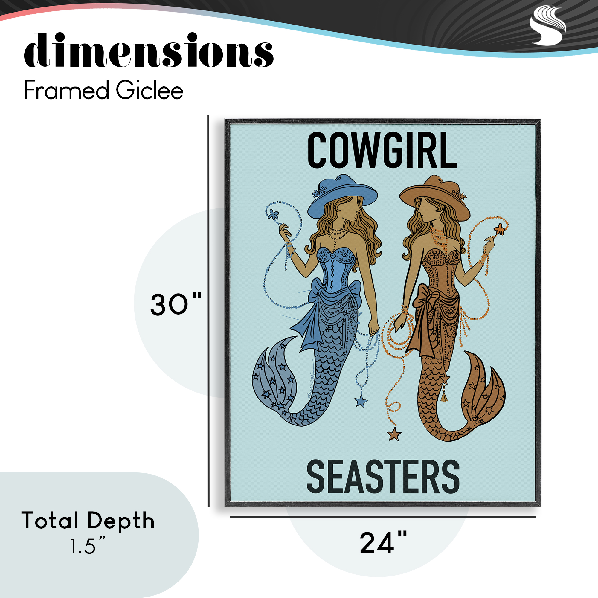 Cowgirl Seasters Mermaid Friendship Black Framed Giclee Art, design by Amelia Noyes