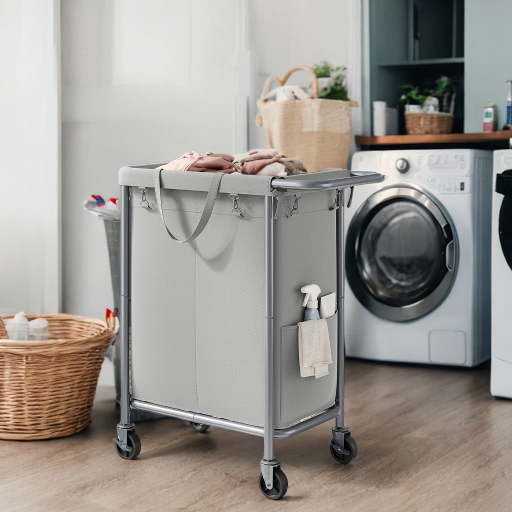 2-Section Rolling Laundry Basket Storage with Wheels, 37 Gallons Laundry Hamper, Removable Liner, Steel Frame with Handle,27.2 x 15.4 x 31.9 Inches