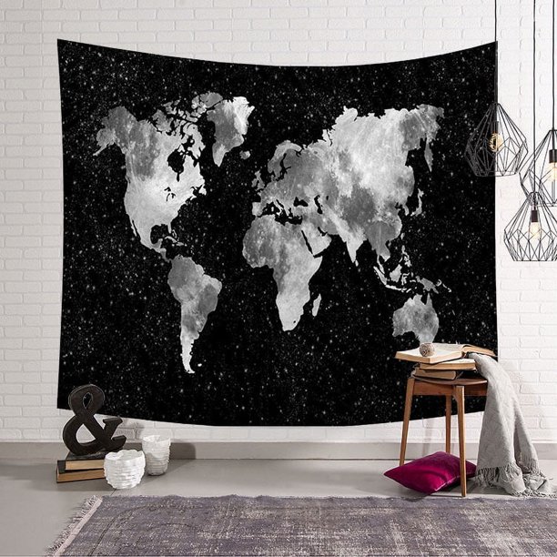 Tapiz indio hippie bohemio con mandala para colgar en la pared, para decoración de la naturaleza, colcha para decoración del hogar, sala de estar, dormitorio (mapa del mundo negro, M / 148 x 130 cm)