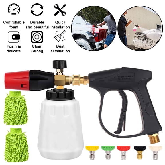 Pressure Washer Gun with Foam Cannon Kit, Adjustable Snow Foam Lance 1L Bottle, 5 Spray Nozzles & 2 Car Wash Mitts, 4500 PSI High Pressure Washing Gun for Car Motorcycle Patio Cleaning