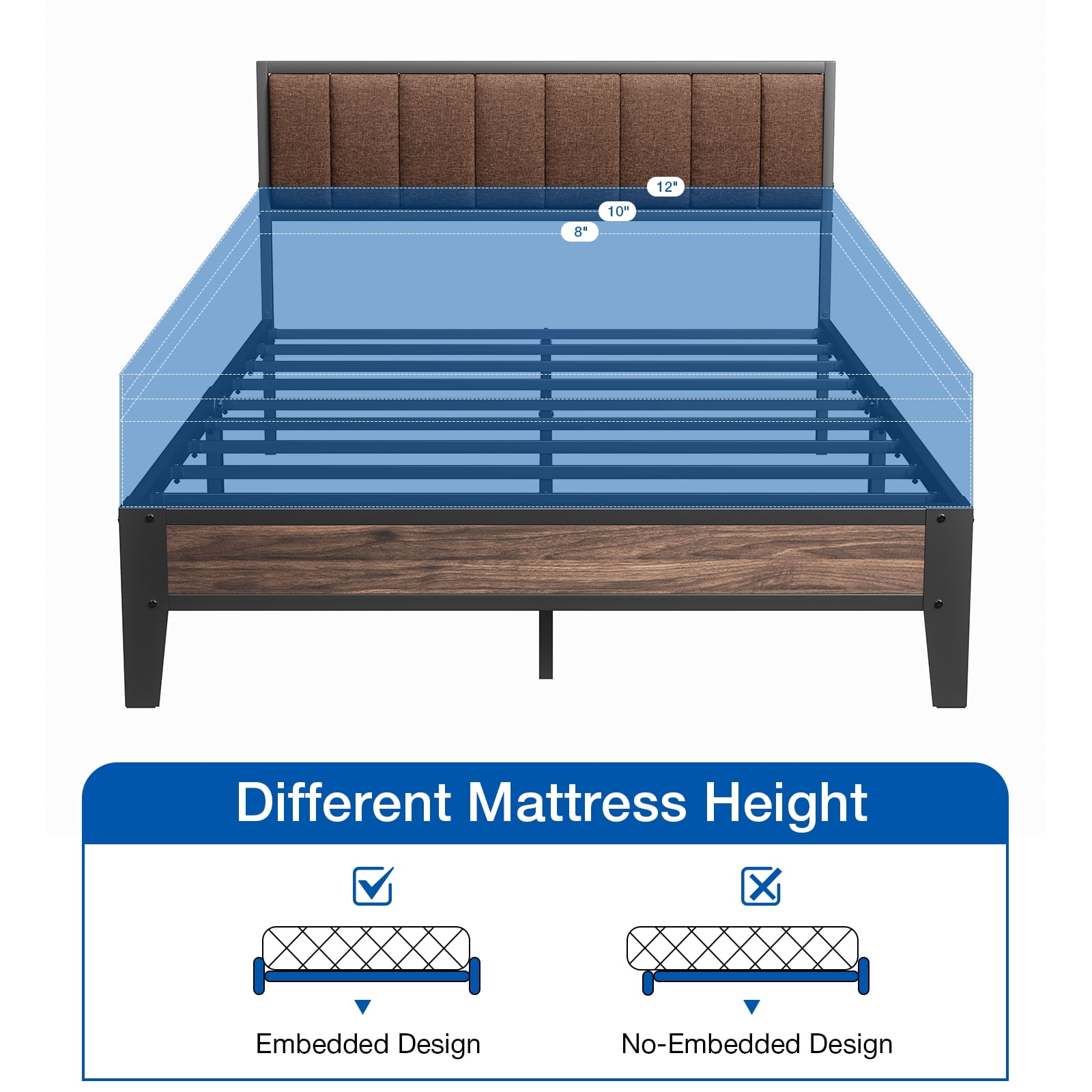 Lusimo Full Size Platform Metal Bed Frame with Upholstered Headboard and Under-Bed Storage No Box Spring Needed, Brown
