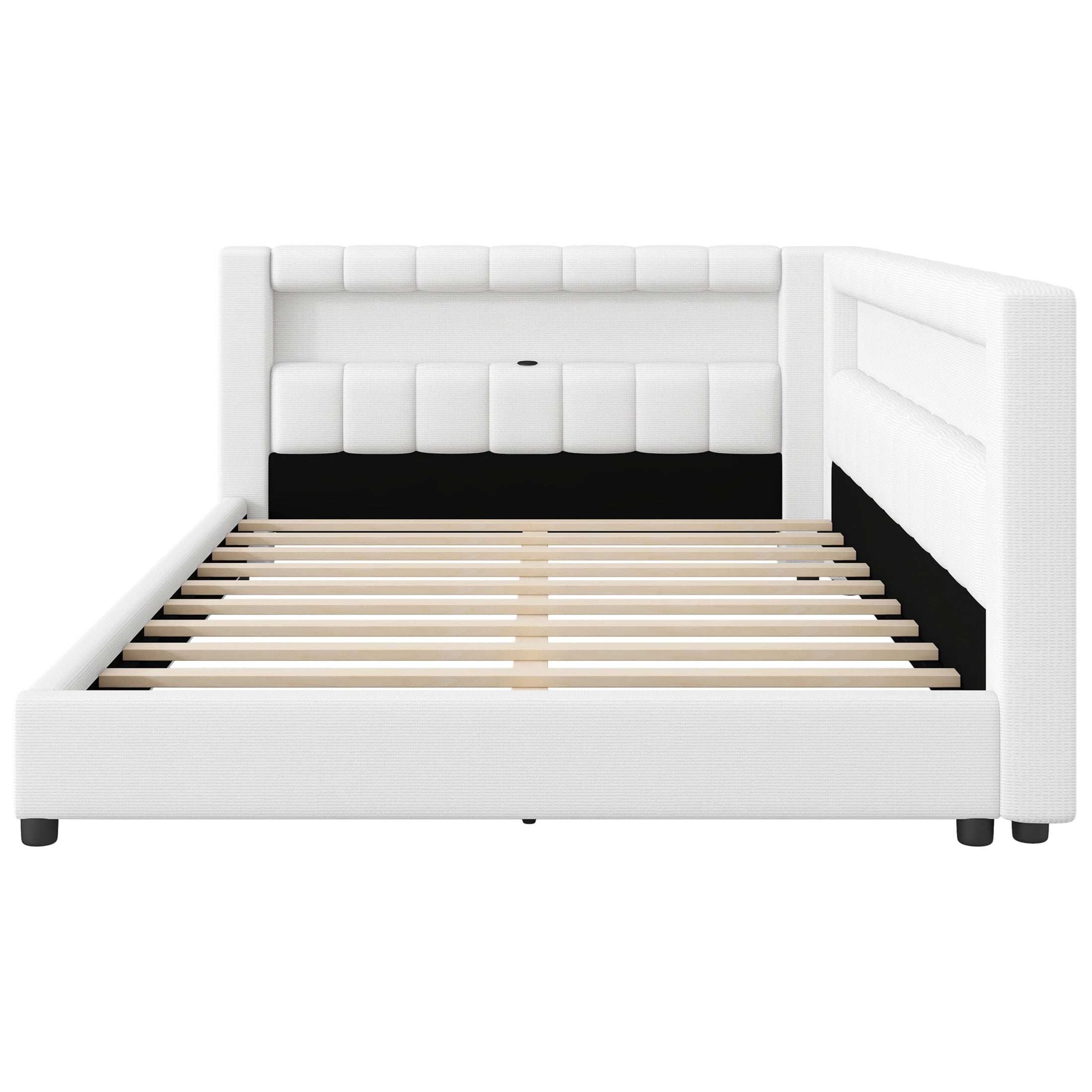 Noble House Dexter Full XL Linen Upholstered Platform Bed with LED Light Belt and USB Ports, Wood Frame, Cream White