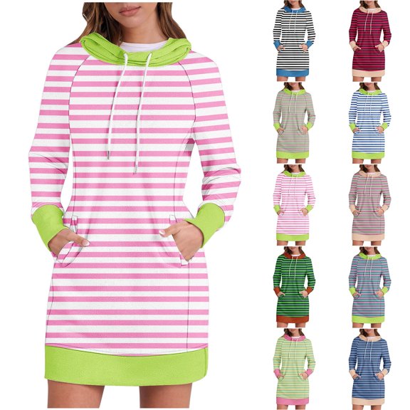 SMihono Women's Striped Pullover Dress Casual Long Sleeve Drawstring Hoodies Fashion Color Block Sweatshirt Tunic Dresses Black 12