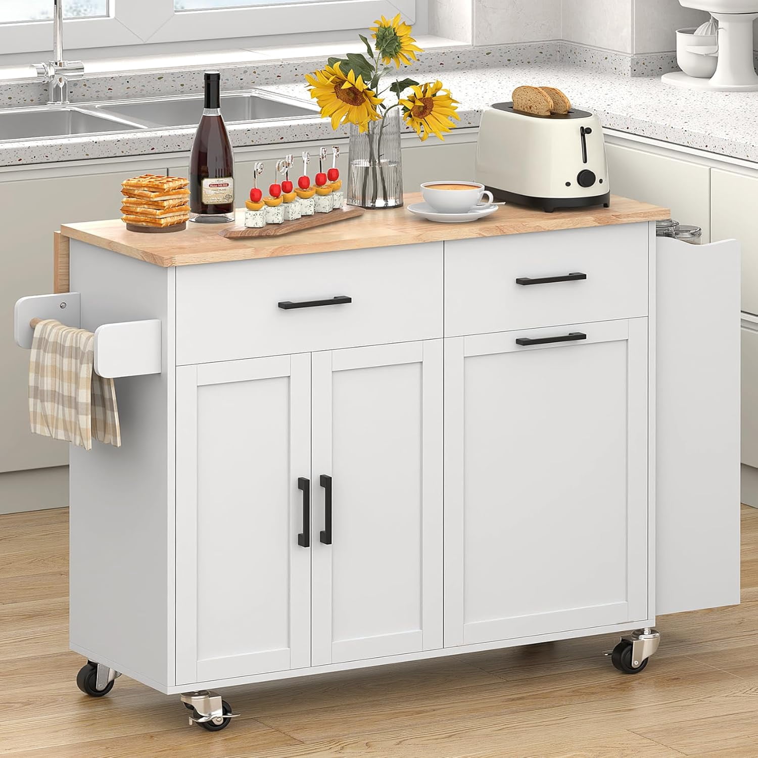 Frmobepts Rolling Kitchen Island with Drop Leaf, Tilt Out Kitchen Trash Cabinet 10 Gallon Storage, Kitchen Cart Island with Rubber wood Top, Spice Rack and Drawers,White