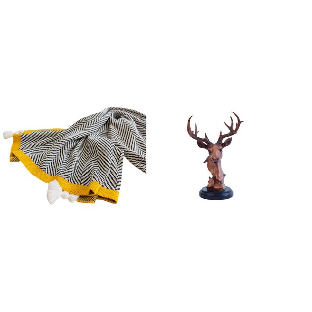 Manta de punto a rayas, suave y cálida, estilo rústico, ideal para dormitorio, sofá, cama o silla. Incluye adorno de cabeza de ciervo, figura