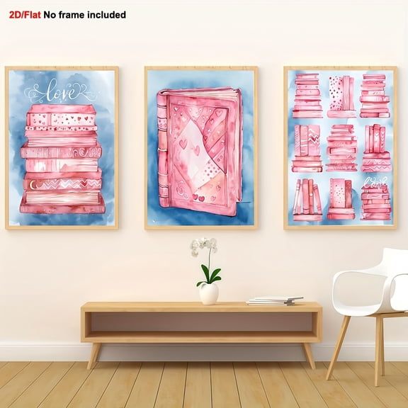 3pcs Girls' Bohemian Pastel Pink & Blue Book-Themed Wall Art Set - Frameless Canvas Paintings with Hearts, Bows & Books for Teen Girls' Bedroom,, ' Room Decor - Soft Pink, Lavender, Mint Green Hangi