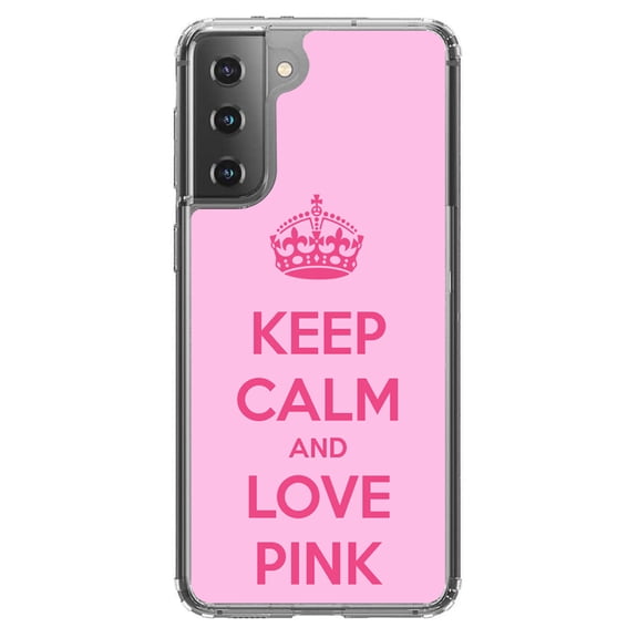 DistinctInk Clear Shockproof Hybrid Case for Galaxy S21 5G (6.2" Screen) - TPU Bumper, Acrylic Back, Tempered Glass Screen Protector - Keep Calm and Love Pink