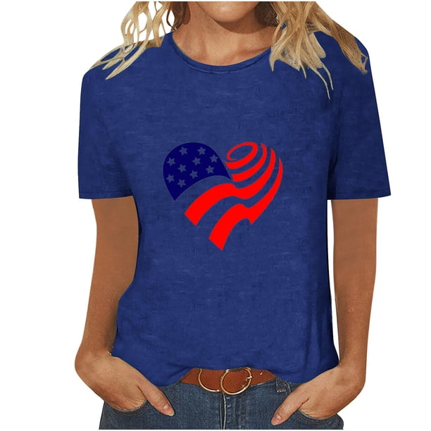 Tops Cortos para Mujeres Día de la Independencia Patriótica Impreso Cuello Redondo, Camiseta de Manga Corta Casual para la Primavera, Verano Y Fiesta