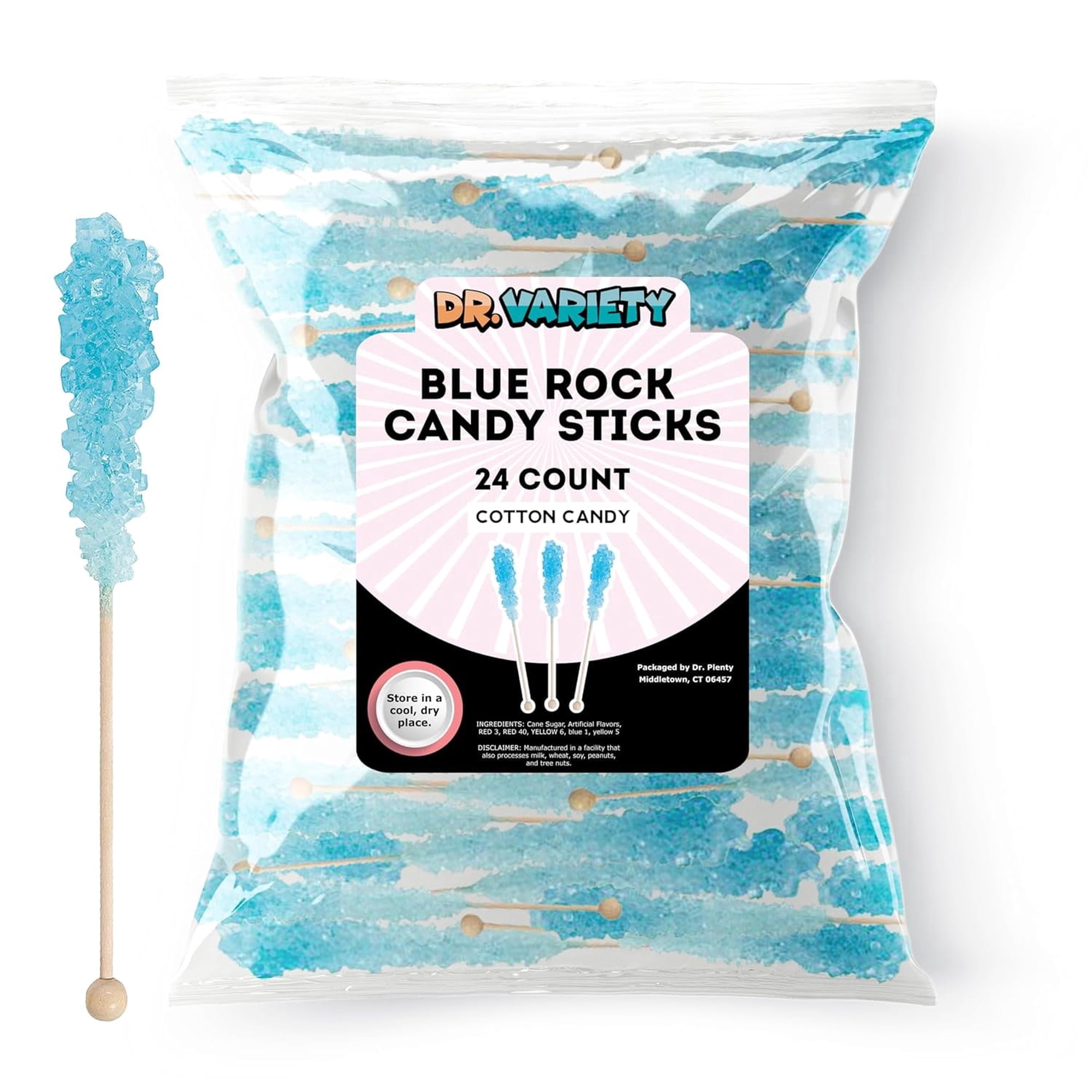 Light Blue Rock Candy Sticks – Cotton Candy Sugar Flavor, 24 Pack Bulk Individually Wrapped Edible Crystal Sticks for Party Favors, Weddings, Bridal & Baby Showers – By Dr. Variety
