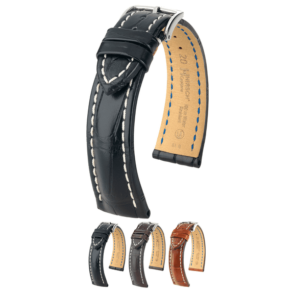 HIRSCH Capitano Alligator Leather Watch Strap - Black Band, Silver-Colored Buckle - 24mm - Open Ended