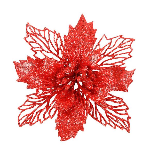 6 uds flores artificiales de Poinsettia adornos florales de Navidad huecos brillantes decoración del hogar para puerta de ventana de árbol de Navidad (rojo)