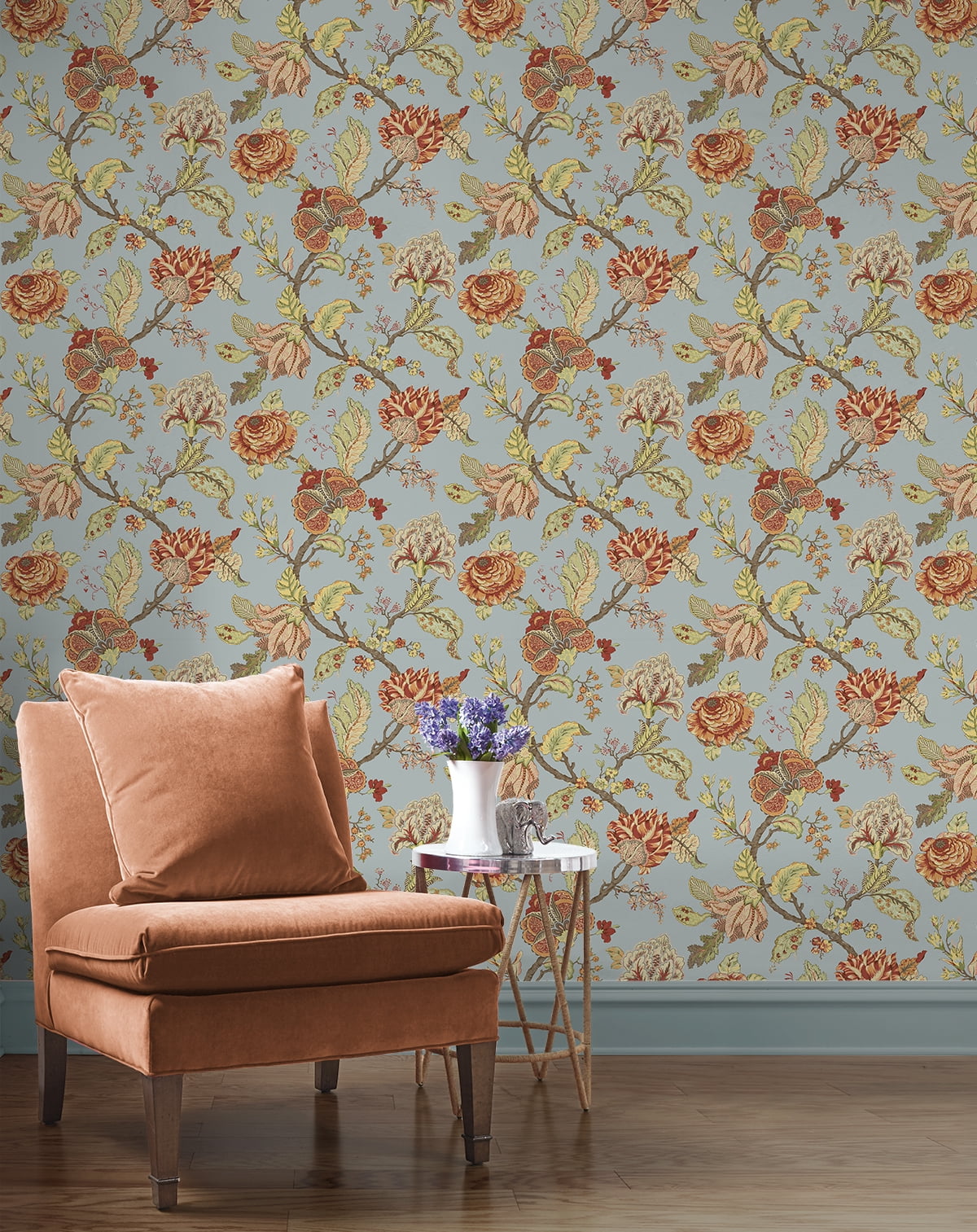 Seabrook Designs  Lana Jacobean Prepasted Wallpaper 20.5 in W x 33 ft. L - Blue Dusk
