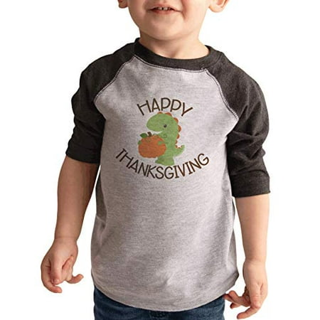

7 ate 9 Apparel Kids Happy Thanksgiving Pumpkin Dinosaur Raglan Grey