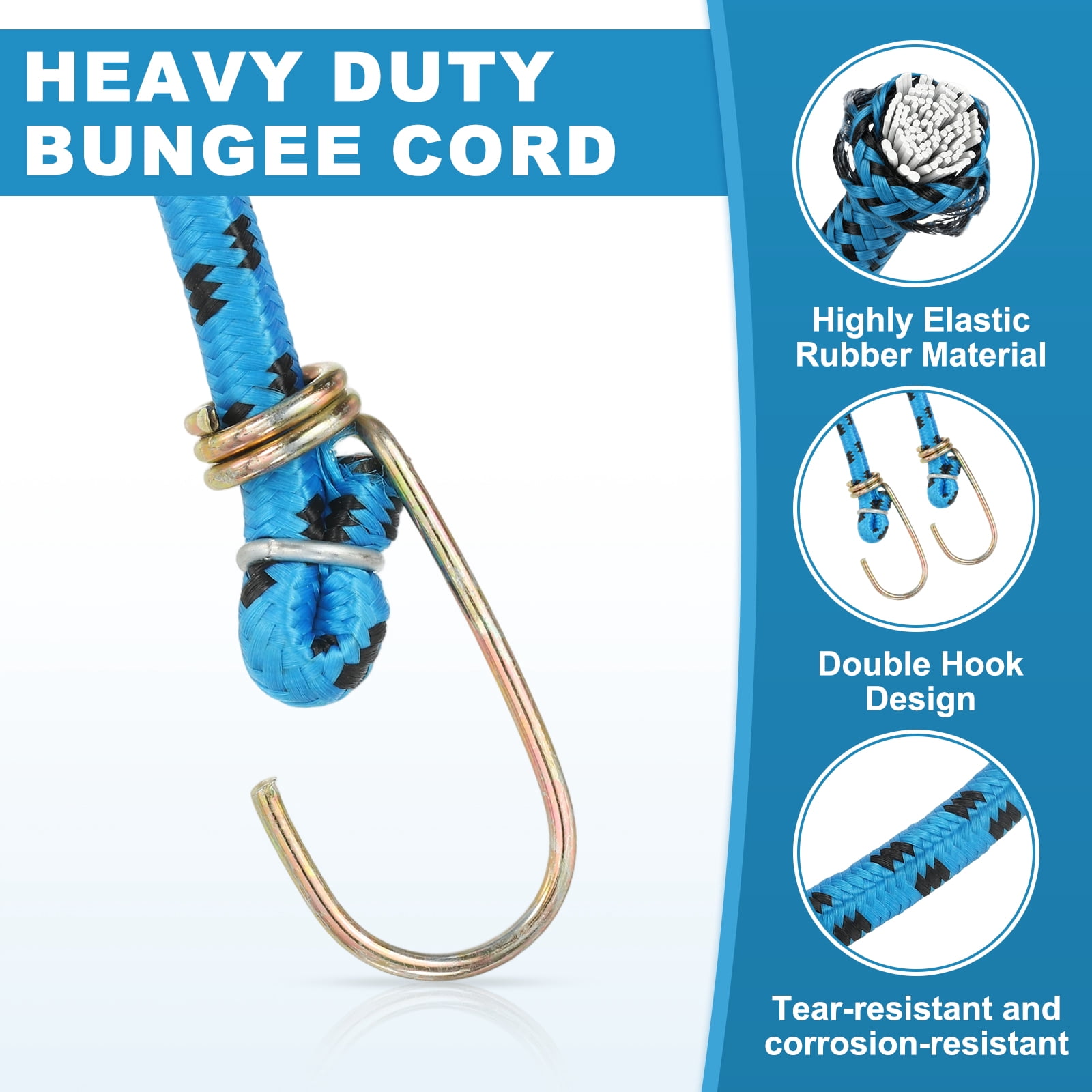 Uxcell 3/8" x 3.3ft Marine Grade Bungee Cord with Hooks, 4Pcs Rubber Heavy Duty Outdoor Elastic Straps Kayak Stretch String Rope for Securing Luggage Moving Cargo, Blue