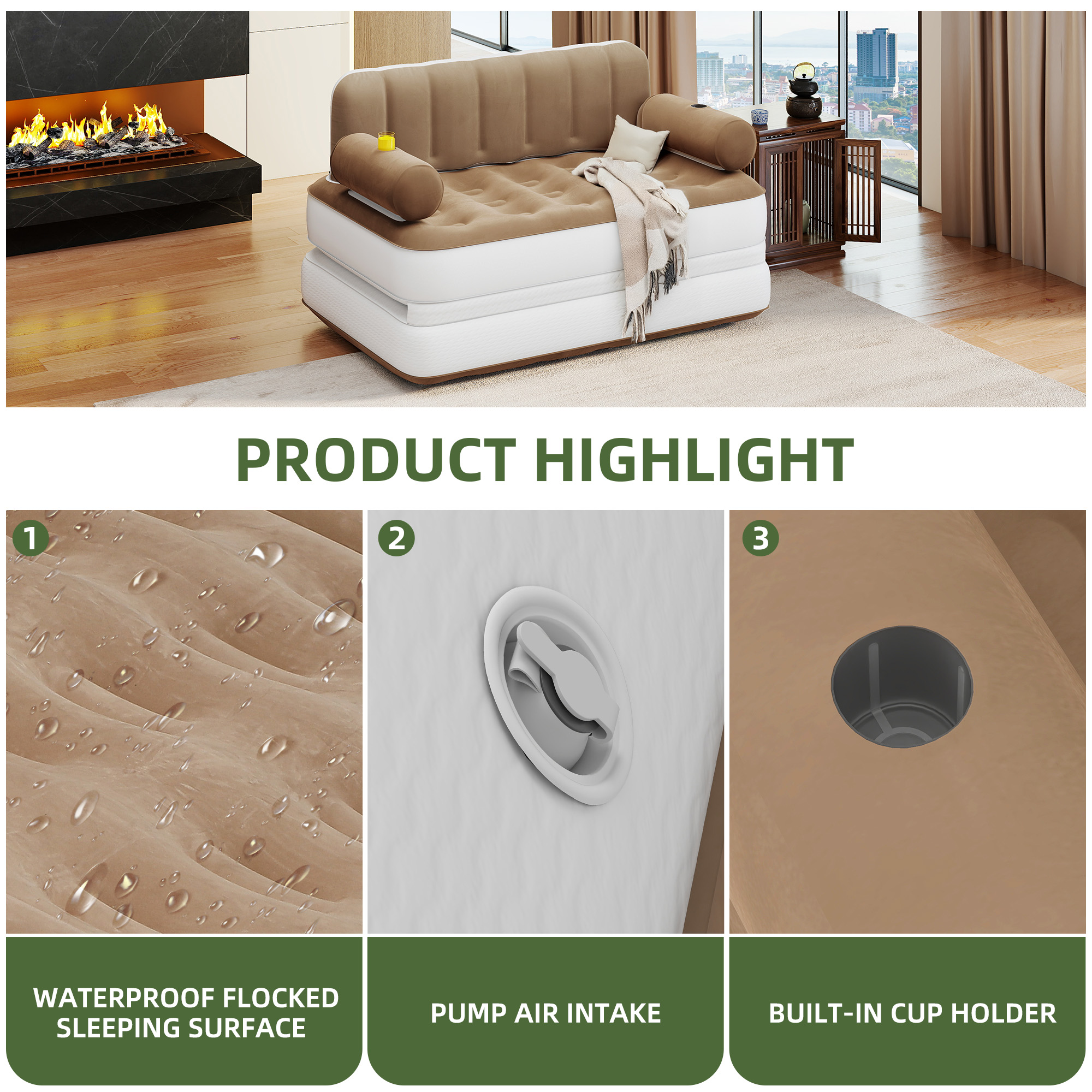 Uforic Queen Size Air Mattress with Built-in Air Pump, Brown Bed Skirt and Gray Top Including Repair Kit and Storage Bag, Supports Inflation/Deflation