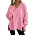 thumbnail image 2 of WIZUTIZ Women's V-Neck Side Slit Long Sleeve Sweatshirt Casual Fall Fashion Pullover Solid Color Polyester Blend Trendy Top, 2 of 7