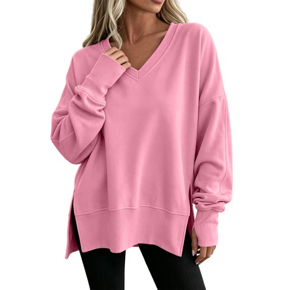 Ozmmyan Womens V Neck Long Sleeve Sweatshirt Side Slit Oversized Relaxed Fit Shirt Fall Winter