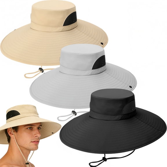 3PCS Bucket Hats for Men, Mesh-Fishing Hat Breathable Wide Brim UV Protection Sun Hats Hiking Safari Garden Beach (Black Grey Khaki)