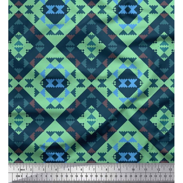 Soimoi Green Moss Georgette Fabric Check & Geometric Decor Fabric Printed Yard 42 Inch Wide