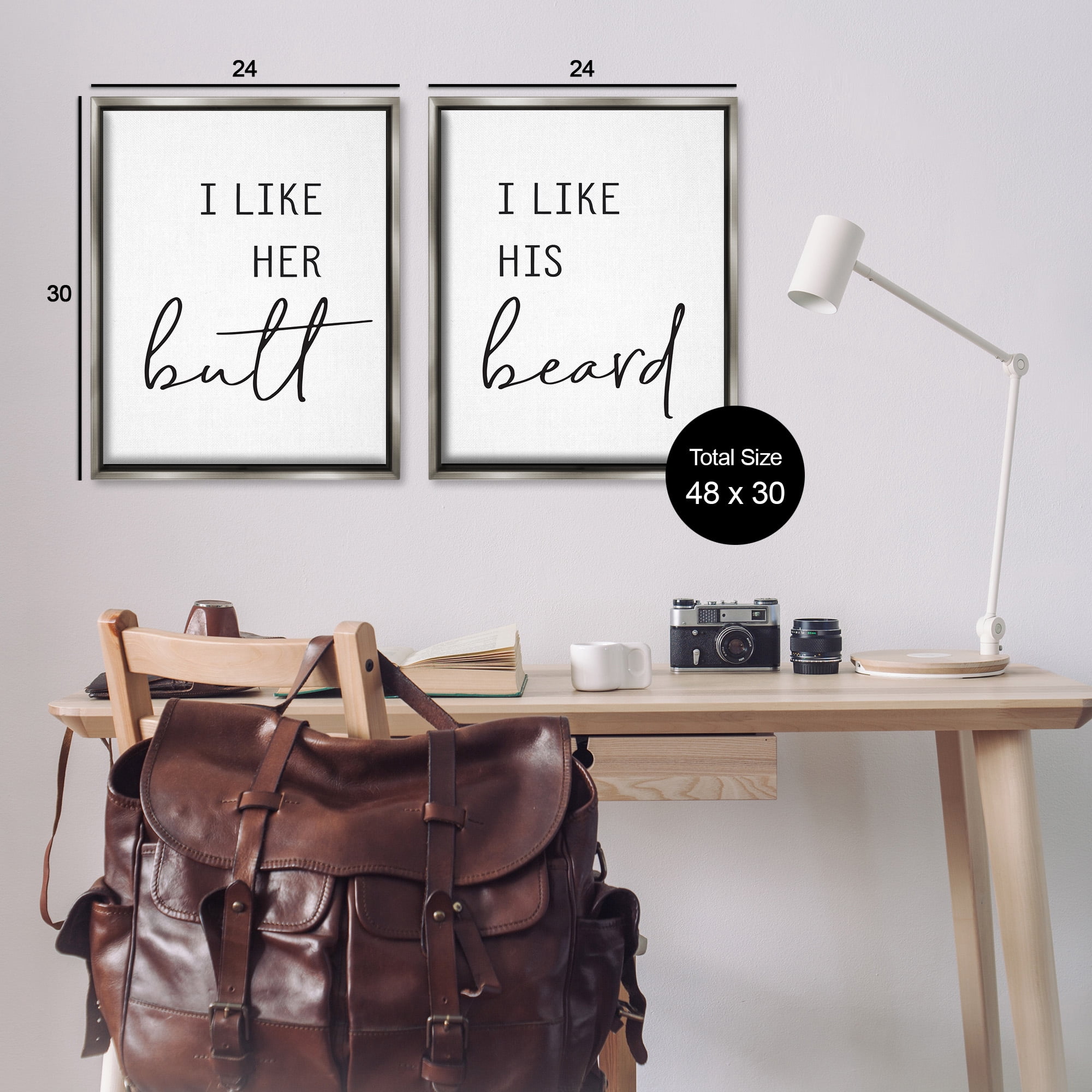 Stupell Industries Her Butt His Beard Funny Romantic Typography Painting Gray Floater Framed Canvas Art Print Wall Art, 25 x 31, Set of 2
