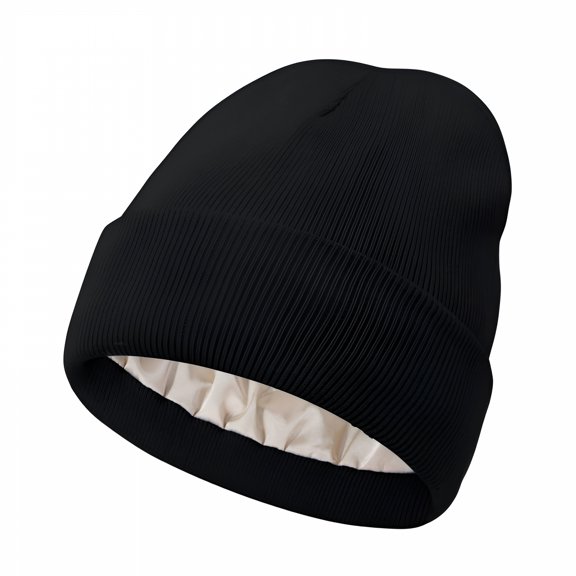 TELOLY Women Satin Lined Knit Beanie Hat Winter Hats for Women Men Silk Lining Soft Slouchy Warm Cuffed Beanie Hat Satin Lined Beanie(Black)