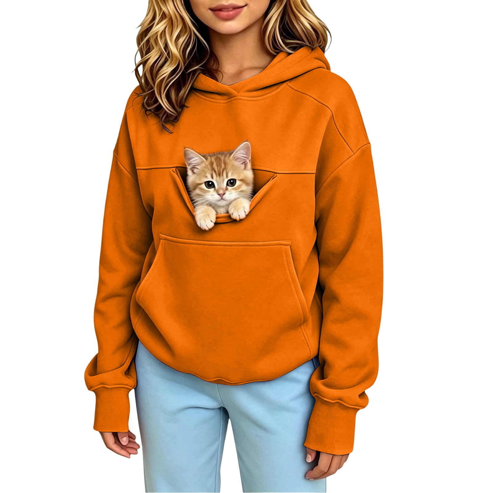 HOSIA Kids Cat Hoodie with Pouch Pet Carrier Hooded with Pocket Dog Cat Pouch Hoodie Sweatshirt Unisex Oversized Pet Rest Holder Pet Pouch Sweatshirt Pet Casual Drawstring Pullover Orange 130