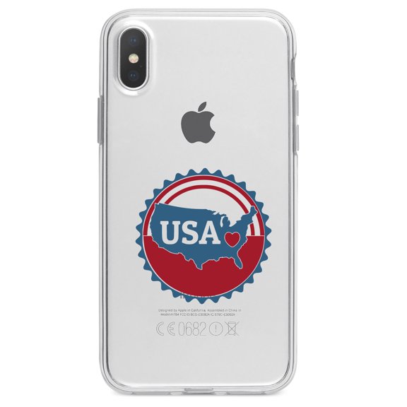 DistinctInk Clear Shockproof Hybrid Case for iPhone XR (6.1" Screen) - TPU Bumper Acrylic Back Tempered Glass Screen Protector - USA Heart Seal Red White & Blue