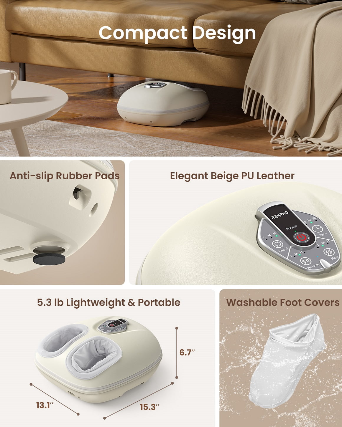 RENPHO Foot Massager Machine with Heat [2026 Upgraded], Shiatsu Foot Massager for Plantar Fasciitis, Gift for Women Men Mom Dad, Exclusive Voice Control, Beige