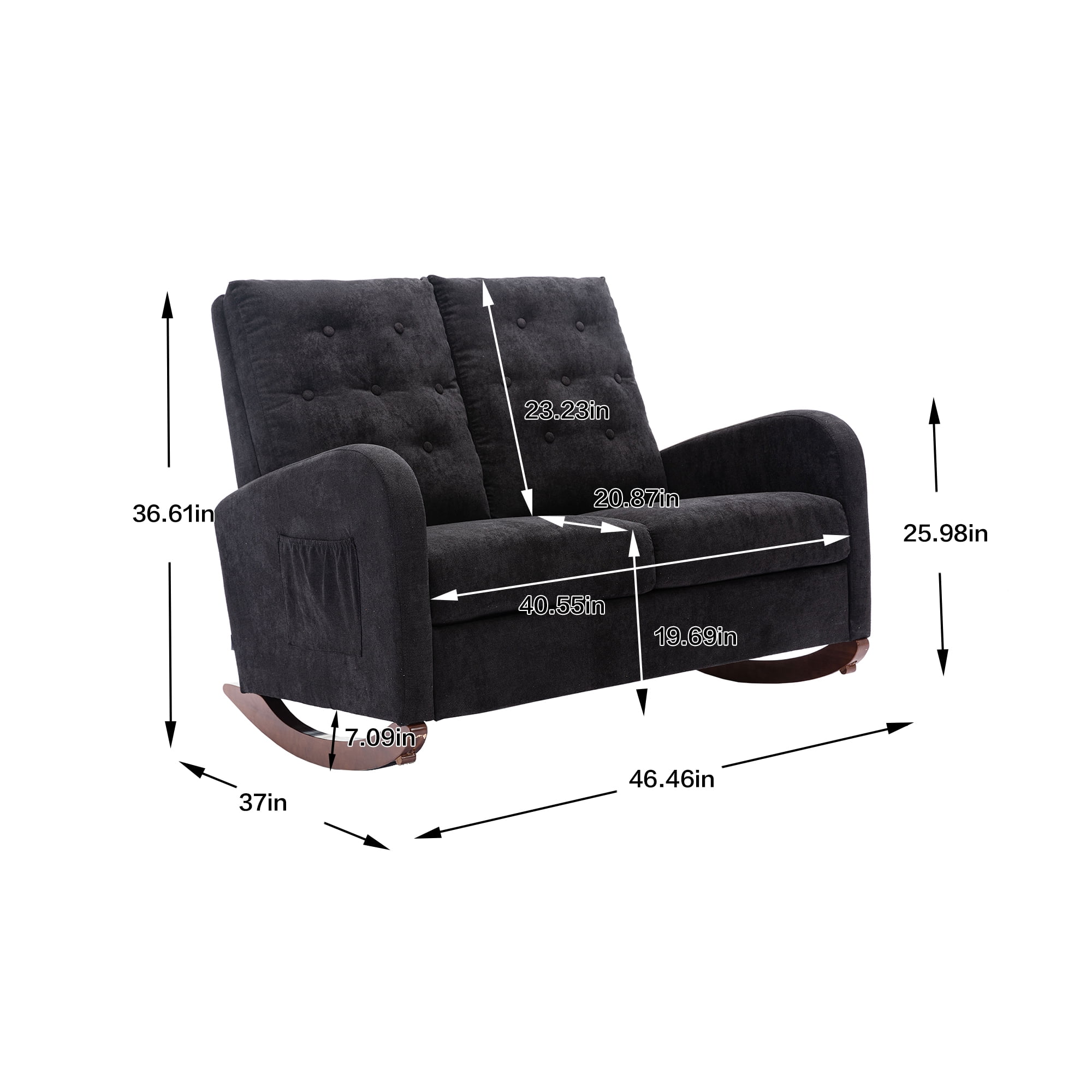 Bellemave Fashion Double Rocking Sofa with High Backrest and Pocket, Rocker Chair with Spacious Wing-back and Padded Seat for Living Room, Bedroom, Nursery(Black)