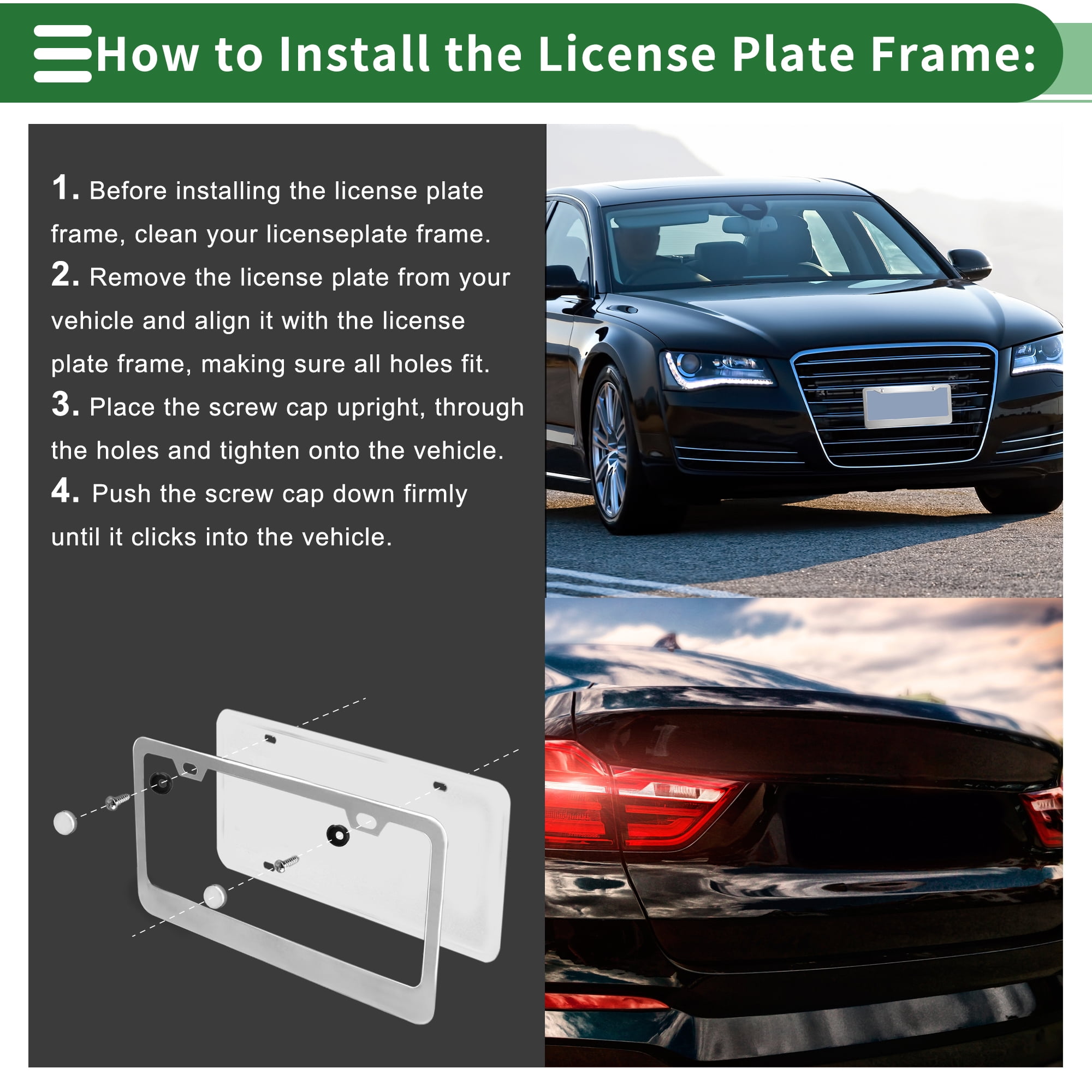 Unique Bargains License Plate Frame Stainless Steel Front Rear Holder 4 Hole Silver Tone