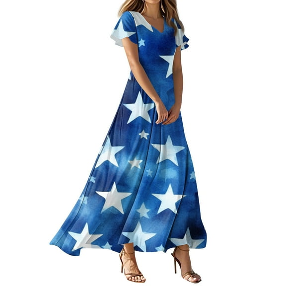 Women's 4th of July Patriotic Dress, Women Sexy V-Neck Short Sleeve Summer Dress, Independence Day American Flag Printed, Loose Fit Bohemian Sundress,Royal Blue S
