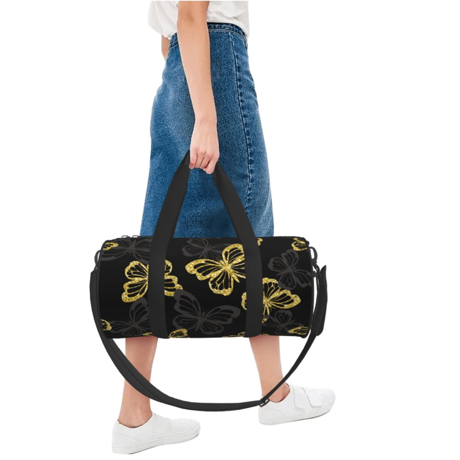 Vsdgher Golden Glitter Butterflies 45L Foldable Duffel Bag, Sports Gym Bag,Overnight Bag, Portable Weekender Bag for Airplanes