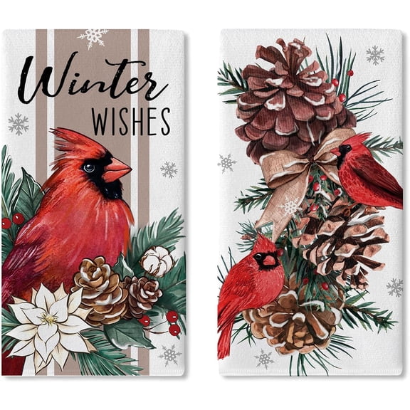 Hello Winter Birds Kitchen Dish Towels Set of 2, Blue Jay Cardinal Cotton Pine Cone Drying Hand Towels Baking Cooking Cloth, Christmas Branch Snowflake Home Kitchen Decoration 18 x 26 Inch